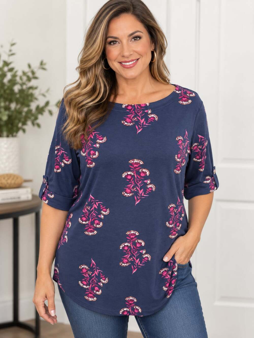 Style & Co Elbow Tee Size XXLARGE Blue Floral Print Boat Neck Tunic Top